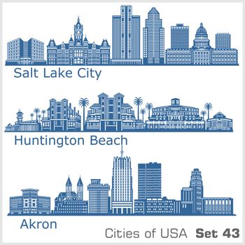 Cities of USA - Huntington Beach, Salt Lake City, Akron. Detailed architecture. Trendy vector illustration.