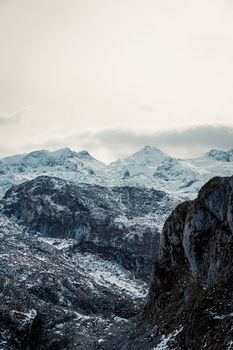 Close up of the mountain range during winter with snow and copy space