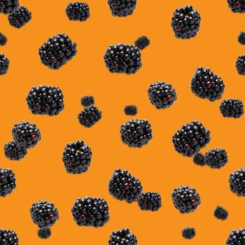 Bramble Seamless pattern. Fresh blackberry seamless pattern. Pattern with fresh wild berries isolated on orange background.
