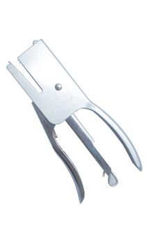 Light grey insulated metal stapler on a white background .Texture or background