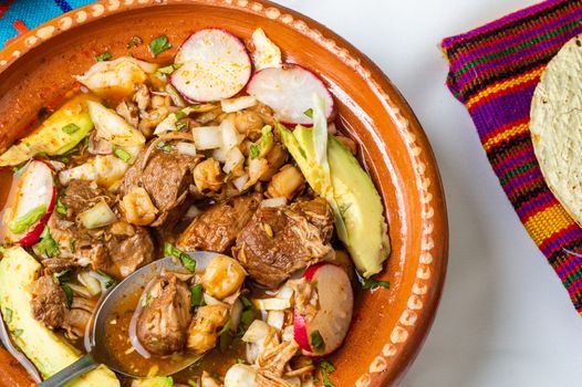 Mexican red pozole, traditional stew of the Aztecs