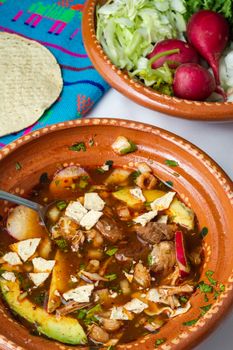Mexican red pozole, traditional stew of the Aztecs
