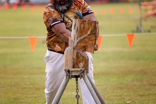 Competitor In A Wood Chopping Event At A Country Show