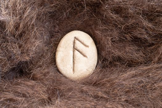 Ansuz Nordic stone rune on animal fur. Letter Aesc of the Viking alphabet.