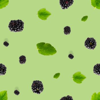 Falling Bramble Seamless pattern. Fresh Falling blackberry seamless pattern. Pattern with fresh wild berries isolated on green background.