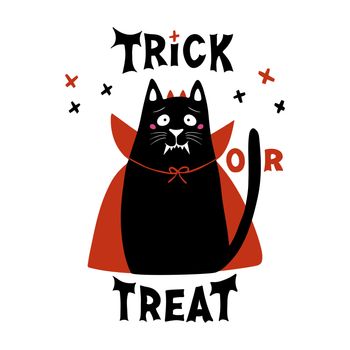 Cute cartoon cat wear vampire costume with fangs, horns and red cloak. Doodle crosses and Trick or treat lettering. Halloween greeting card. Isolated on white background. Vector stock illustration.