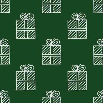 Seamless pattern made from white doodle gift boxes with bow on green background. Vector stock illustration.
