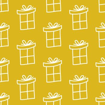 Seamless pattern made from white doodle gift boxes with bow on yellow background. Vector stock illustration.