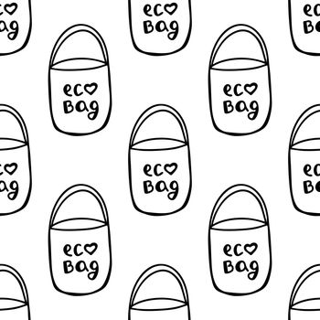 Seamless pattern made from hand drawn doodle cotton eco bags. Isolated on white background. Vector stock illustration.