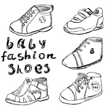 Baby fashion shoes set sketch handdrawn isolated on white background