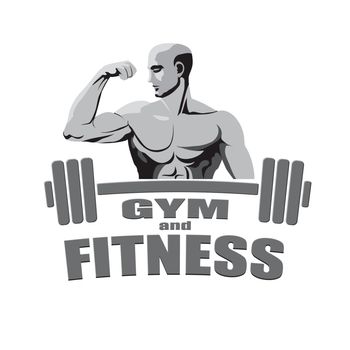 Fitness gym logo mockup bodybuilder showing biceps isolated on white background