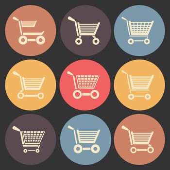 shoping cart flat icon set in color circles