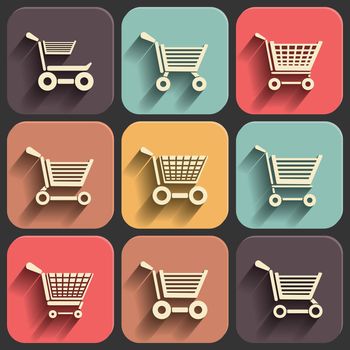 shoping cart flat icon set on color fade shadow effect