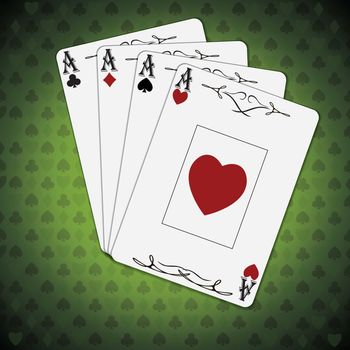 Ace of spades, ace of hearts, ace of diamonds, ace of clubs poker cards green background