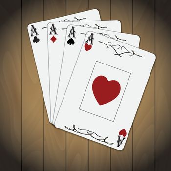 Ace of spades, ace of hearts, ace of diamonds, ace of clubs poker cards set varnished wood background