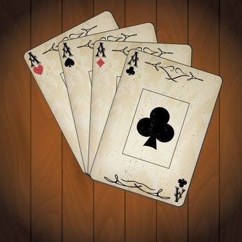 Ace of spades, ace of hearts, ace of diamonds, ace of clubs poker cards old look varnished wood background