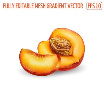 Sliced peach with pit on a white background.