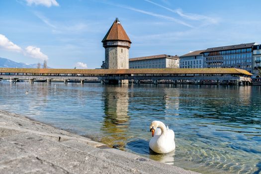 Panoramic view of city center of Lucerne with famous Chapel Brid