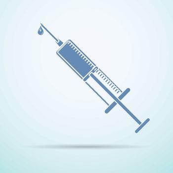 Vector syringe injector flat icon with vaccine drop on blue background