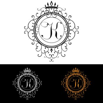 Letter K. Luxury Logo template flourishes calligraphic elegant ornament lines. Business sign, identity for Restaurant, Royalty, Boutique, Hotel, Heraldic, Jewelry, Fashion, vector illustration