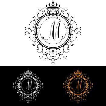 Letter M. Luxury Logo template flourishes calligraphic elegant ornament lines. Business sign, identity for Restaurant, Royalty, Boutique, Hotel, Heraldic, Jewelry, Fashion, vector illustration