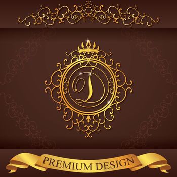 Letter D. Luxury Logo template flourishes calligraphic elegant ornament lines. Business sign, identity for Restaurant, Royalty, Boutique, Hotel, Heraldic, Jewelry, Fashion, vector illustration