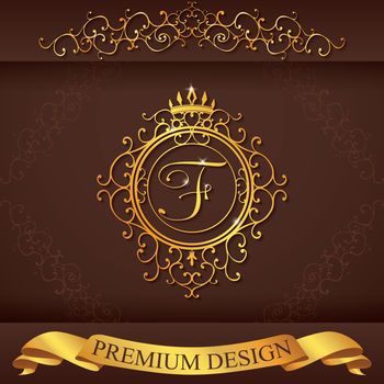 Letter F. Luxury Logo template flourishes calligraphic elegant ornament lines. Business sign, identity for Restaurant, Royalty, Boutique, Hotel, Heraldic, Jewelry, Fashion, vector illustration