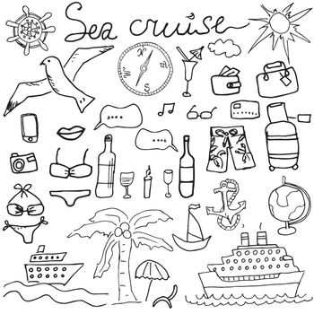 Hand drawn sketch sea cruise doodles vector illustration of Travel and summer elements, isolated