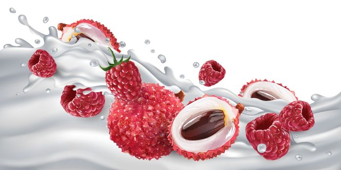 Lychee and raspberries on a yogurt or milk wave.