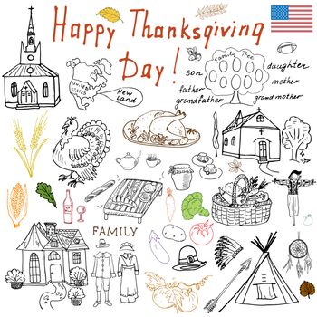 Thanksgiving doodles set. Traditional symbols sketch collection, food, drinks, turkey, pumpkin, corn, wine, wheet, vegetables, idians and pilgrims items, Freehand vector drawing and lettering isolated