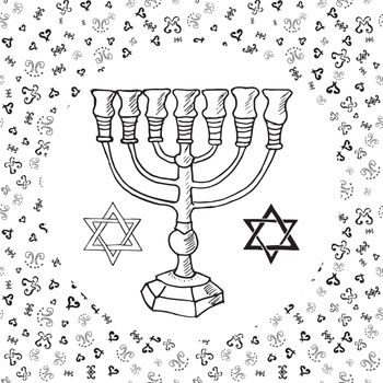 Hand drawn sketch of menorah traditional Jewish religious symbols, Rosh Hashanah, Hanukkah, Shana Tova, vector illustration on ornamental pattern.