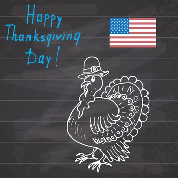Thanksgiving day sketch doodle turkey in pilgrims hat, Freehand vector drawing and lettering on chalkboard