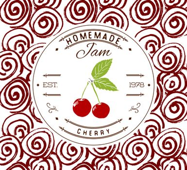 Jam label design template. for cherry dessert product with hand drawn sketched fruit and background. Doodle vector cherry illustration brand identity