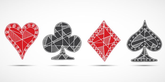 Hand drawn sketched Playing cards, poker, blackjack symbol, background, doodle hearts diamonds spades and clubs symbols