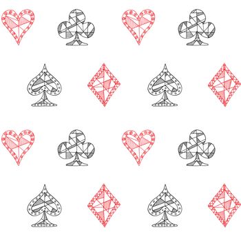 Hand drawn sketched Playing cards symbol seamless pattern, poker, blackjack background, doodle hearts diamonds spades and clubs symbols.