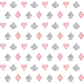 Hand drawn sketched Playing cards symbol seamless pattern, poker, blackjack background, doodle hearts diamonds spades and clubs symbols
