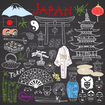 Japan doodles elements. Hand drawn sketch set with Fujiyama mountain, Shinto gate, Japanese food sushi and tea set, fan, theater masks, katana, pagoda, kimono. Drawing collection, on chalkboard
