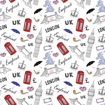 London city doodles elements seamless pattern. with hand drawn tower bridge, crown, big ben, red bus, UK map, flag,and lettering, vector illustration isolated