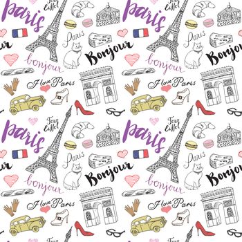 Paris seamless pattern with Hand drawn sketch elements - eiffel tower triumf arch, fashion items. Drawing doodle vector illustration, isolated on white
