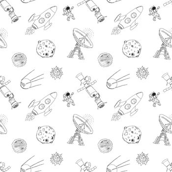 Space doodles icons seamless pattern. Hand drawn sketch with meteors, Sun and Moon, radar, astronaut and rocket. vector illustration isolated