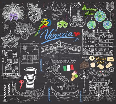 Venice Italy sketch elements. Hand drawn set with flag, map, gondolas gondolier clothe, houses, pizza, traditional sweets, carnival venetian masks, market bridge. Drawing doodles on chalkboard
