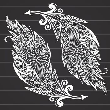 Ornamental hand drawn sketch of feathers in zentangle style. vector illustration with ornament, on chalkboard