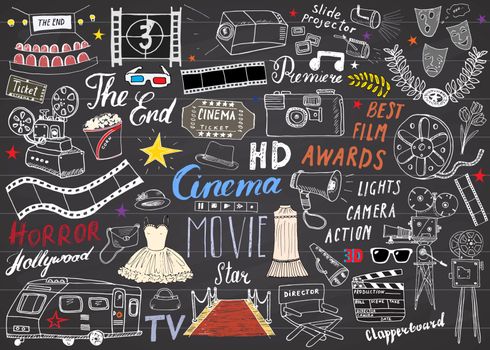 Cinema and Film Industry Set. Hand Drawn Sketch, Vector Illustration on Chalkboard