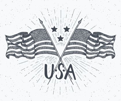 Vintage label, Hand drawn crossed USA flags, Happy Independence Day, fourth of july celebration, greeting card, grunge textured retro badge, typography design vector illustration