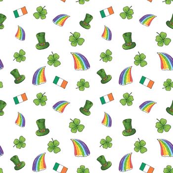 St Patrick's Day hand drawn doodle Seamless pattern, with leprechaun hat, rainbow, four leaf clover, flag of Ireland vector illustration background.