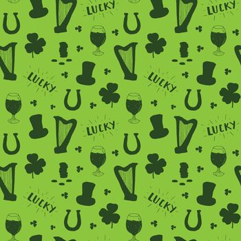 St Patrick's Day hand drawn seamless pattern, with leprechaun hat, coins, beer cup, four leaf clover, horseshoe and celtic harp vector illustration