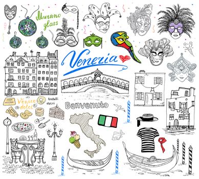 Venice Italy sketch elements. Hand drawn set with flag, map, gondolas gondolier clouth , houses, pizza, traditional sweets, carnival venetian masks, market bridge. Drawing doodle collection isolated
