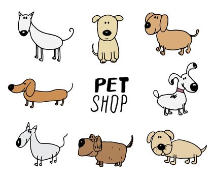 Funny Dogs doodle Set. Hand drawn sketched pets collection Vector Illustration on white background