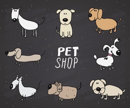 Funny Dogs doodle Set. Hand drawn sketched pets collection Vector Illustration on chalkboard background