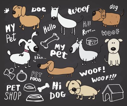Funny Dogs doodle Set. Hand drawn sketched pets collection Vector Illustration on chalkboard background.